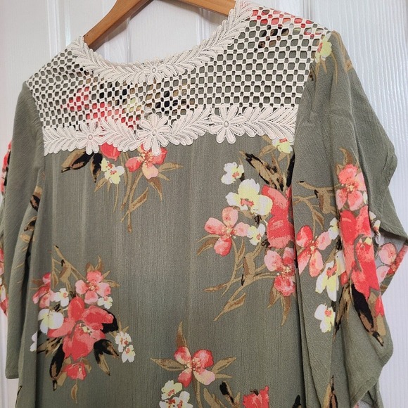 C EST 1946 Boho Floral Dress Gauzy Lined Flutter Sleeve Crochet Green Pink LARGE - Picture 5 of 12